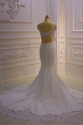 Classic Sleeveless Lace V neck Column White Court Train Wedding Dresses